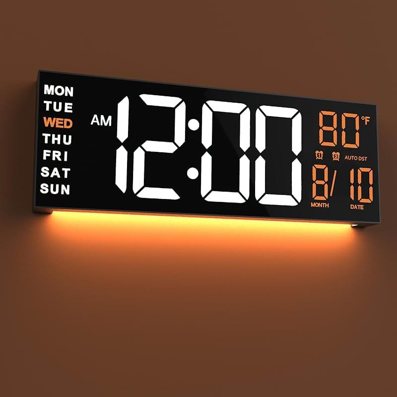 JALL 16" Large Digital Wall Mount Clock, Count Down Timer, Alarm, Big LED, RGB Color, DST, Temperature for Living Room Classroom Desk, Xmas, Birthday Gift for Senior Mom Dad (White Orange, 16 inches) - Product Image