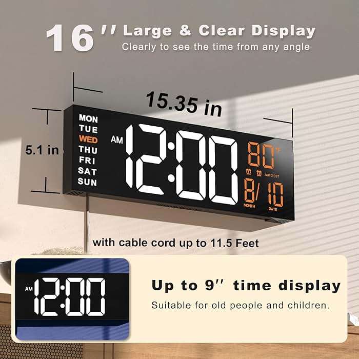 JALL 16" Large Digital Wall Mount Clock, Count Down Timer, Alarm, Big LED, RGB Color, DST, Temperature for Living Room Classroom Desk, Xmas, Birthday Gift for Senior Mom Dad (White Orange, 16 inches) - Image 3