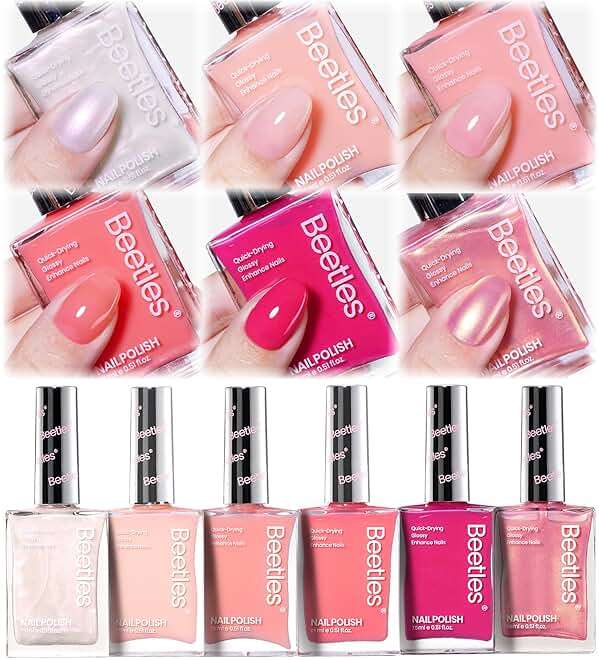 Beetles Nail Polish Set Heartbeat-6 Colors Hot Pink White Jelly Nude Pink Nail Polish Set Shimmer Pearl Quick Dry Finger Nail Polish DIY Nail Art Salon Home Gift for Women & Girls - Image 1