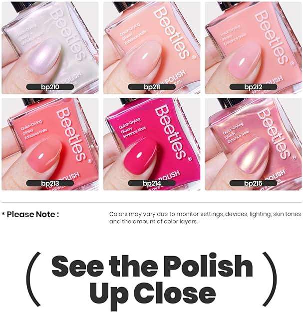 Beetles Nail Polish Set Heartbeat-6 Colors Hot Pink White Jelly Nude Pink Nail Polish Set Shimmer Pearl Quick Dry Finger Nail Polish DIY Nail Art Salon Home Gift for Women & Girls - Image 6