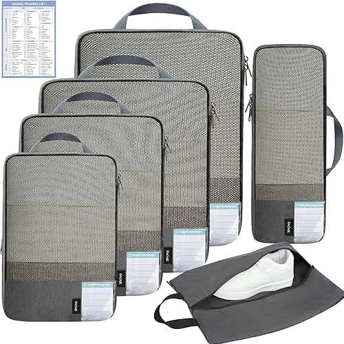 BAGAIL 6 Set Lightweight Compression Packing Cubes with Packing List, Anti-Tearing Expandable Organizer Bags for Travel, Dark Grey - Image 1
