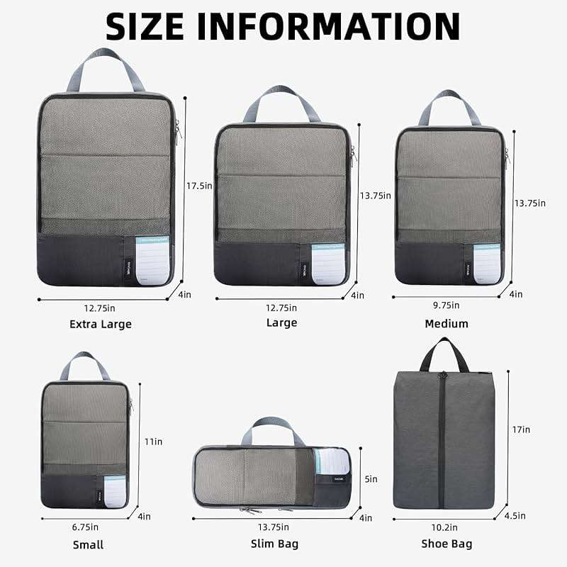 BAGAIL 6 Set Lightweight Compression Packing Cubes with Packing List, Anti-Tearing Expandable Organizer Bags for Travel, Dark Grey - Image 2