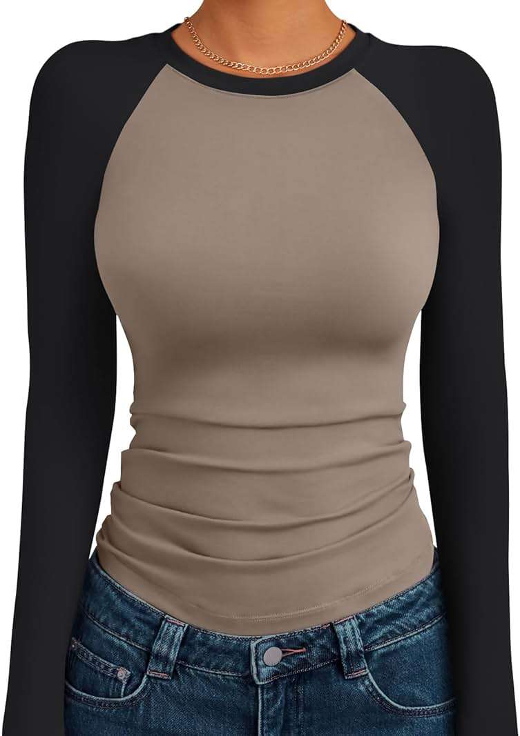 Trendy Queen Women's Long Sleeve Shirts Slim Fit Stretchy Color Block Slightly Cropped Tops - Image 1