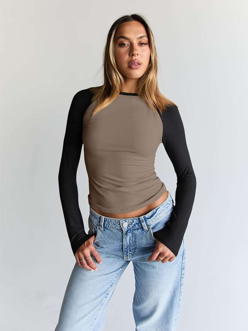 Trendy Queen Women's Long Sleeve Shirts Slim Fit Stretchy Color Block Slightly Cropped Tops - Image 2