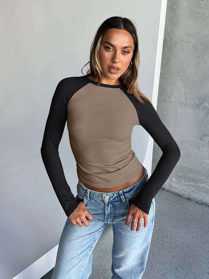 Trendy Queen Women's Long Sleeve Shirts Slim Fit Stretchy Color Block Slightly Cropped Tops - Image 5