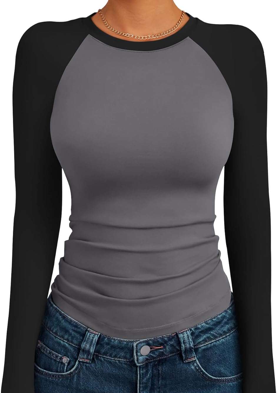 Trendy Queen Women's Long Sleeve Shirts Slim Fit Stretchy Color Block Slightly Cropped Tops - Image 1