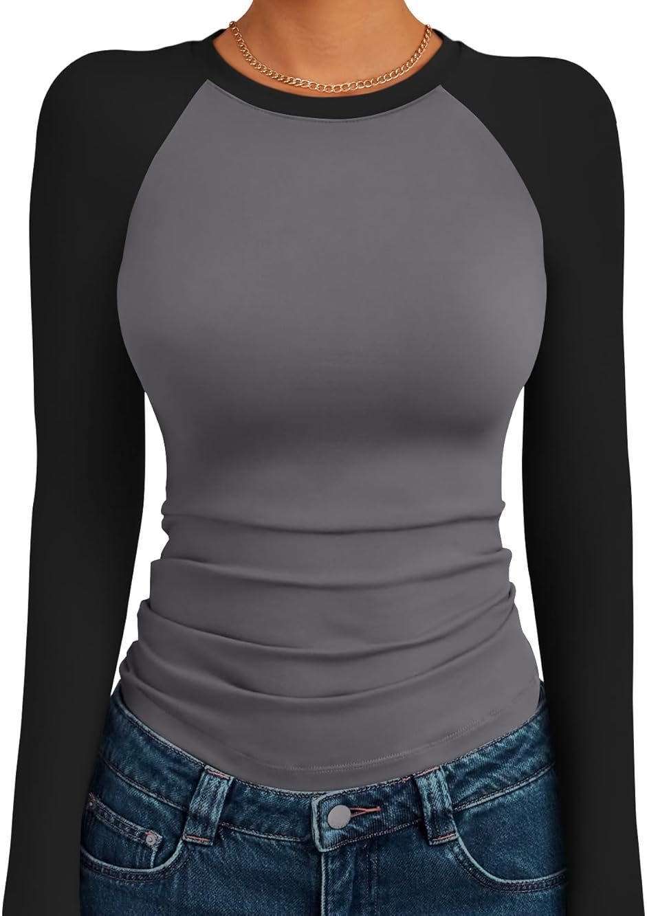 Trendy Queen Women's Long Sleeve Shirts Slim Fit Stretchy Color Block Slightly Cropped Tops - Product Image