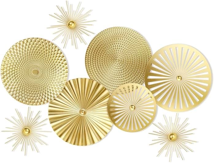 Lingvee 8 Pcs Gold Wall Decor Modern Metal Decor Metal Starbursts Radial Plate Art Hanging Decorative Wall Decorations for Home Bedroom Bathroom Living Room Office Sculpture(Gold) - Product Image