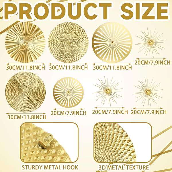 Lingvee 8 Pcs Gold Wall Decor Modern Metal Decor Metal Starbursts Radial Plate Art Hanging Decorative Wall Decorations for Home Bedroom Bathroom Living Room Office Sculpture(Gold) - Image 3