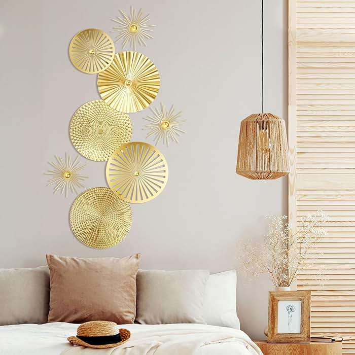 Lingvee 8 Pcs Gold Wall Decor Modern Metal Decor Metal Starbursts Radial Plate Art Hanging Decorative Wall Decorations for Home Bedroom Bathroom Living Room Office Sculpture(Gold) - Image 5