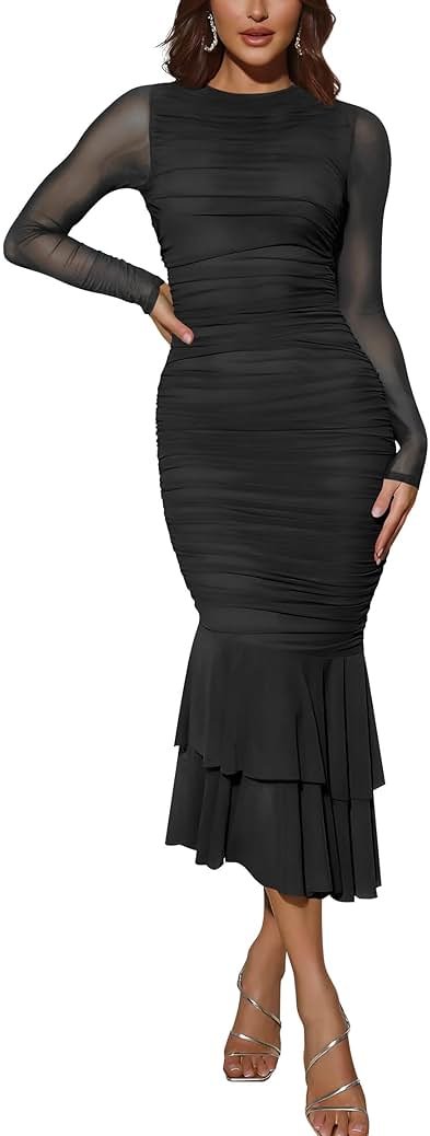 Atizon Elegant Ruched Bodycon Evening Dresses for Women Cocktail Party Formal Maxi Mermaid Dress - Product Image