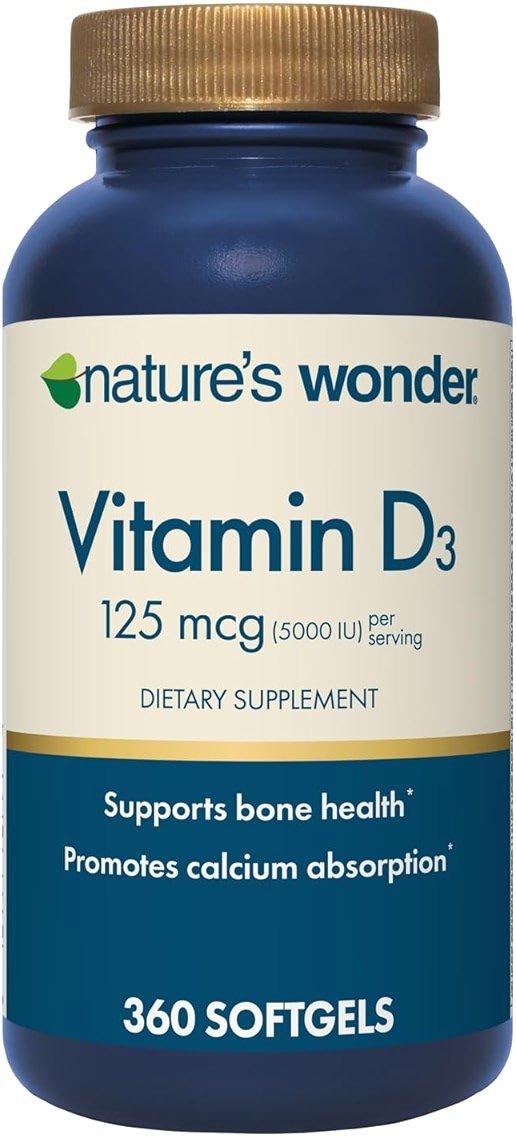Nature's Wonder Vitamin D3 5000iu (125mcg) High Potency, Dietary Supplement to Support Bone Health and Immune System, Gluten Free, 360 Softgels, 1 Year Supply - Product Image
