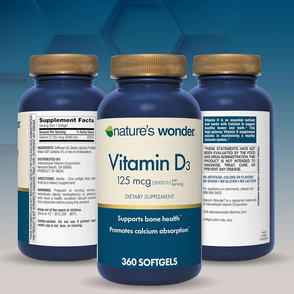 Nature's Wonder Vitamin D3 5000iu (125mcg) High Potency, Dietary Supplement to Support Bone Health and Immune System, Gluten Free, 360 Softgels, 1 Year Supply - Image 8