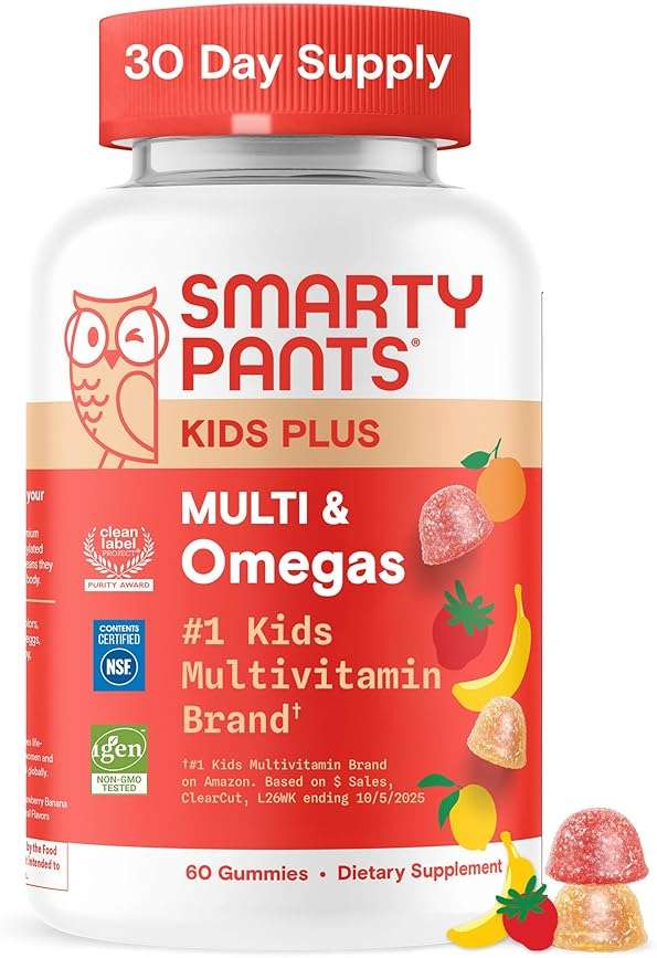 SmartyPants Kids Multivitamin Gummies with Omega 3 DHA/EPA, Vitamins D3, C, B12, B6, A, K, and Zinc, Gluten Free, Clean Label, Three Fruit Flavors, 60 Gummies (30 Day Supply) - Image 1
