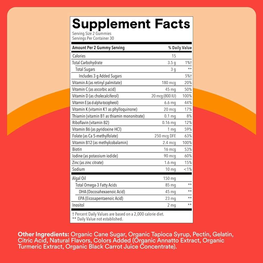 SmartyPants Kids Multivitamin Gummies with Omega 3 DHA/EPA, Vitamins D3, C, B12, B6, A, K, and Zinc, Gluten Free, Clean Label, Three Fruit Flavors, 60 Gummies (30 Day Supply) - Image 3