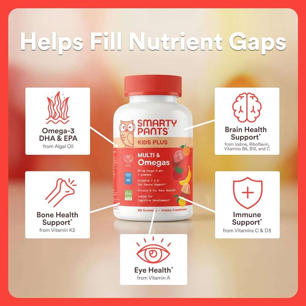 SmartyPants Kids Multivitamin Gummies with Omega 3 DHA/EPA, Vitamins D3, C, B12, B6, A, K, and Zinc, Gluten Free, Clean Label, Three Fruit Flavors, 60 Gummies (30 Day Supply) - Image 4