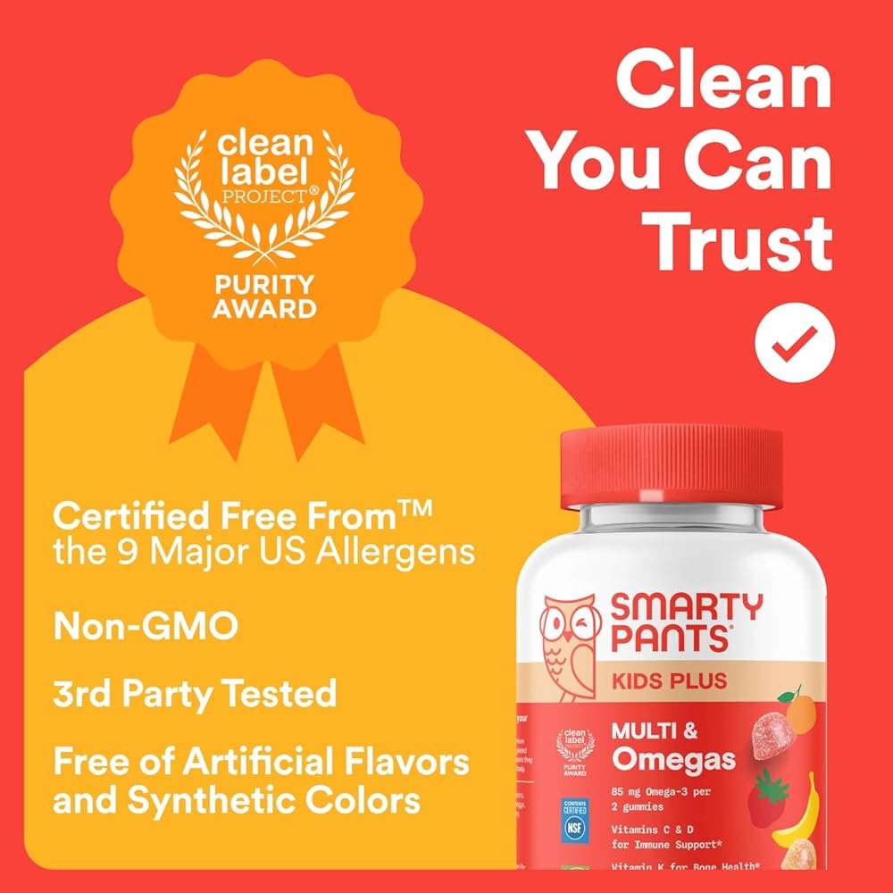 SmartyPants Kids Multivitamin Gummies with Omega 3 DHA/EPA, Vitamins D3, C, B12, B6, A, K, and Zinc, Gluten Free, Clean Label, Three Fruit Flavors, 60 Gummies (30 Day Supply) - Image 7