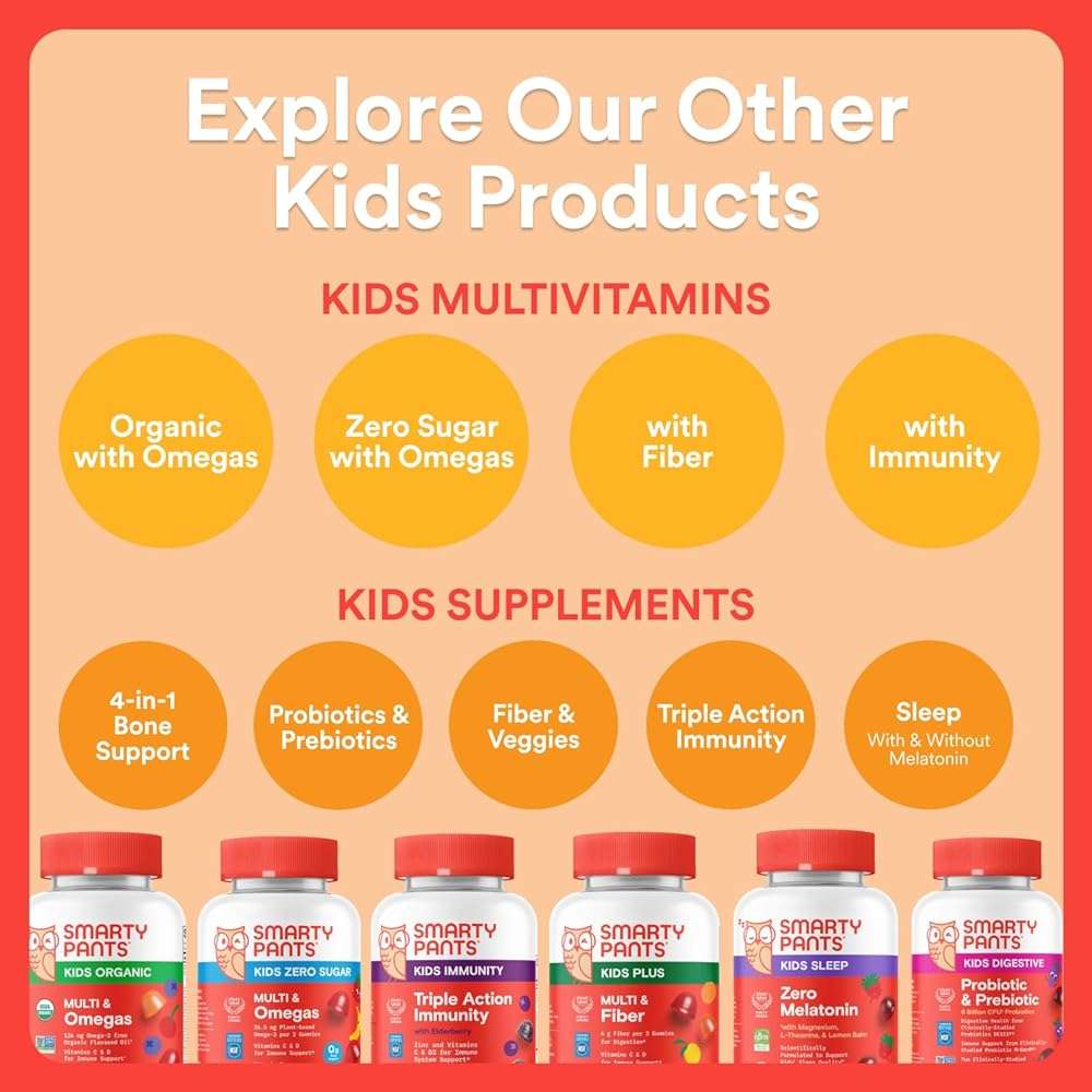 SmartyPants Kids Multivitamin Gummies with Omega 3 DHA/EPA, Vitamins D3, C, B12, B6, A, K, and Zinc, Gluten Free, Clean Label, Three Fruit Flavors, 60 Gummies (30 Day Supply) - Image 8