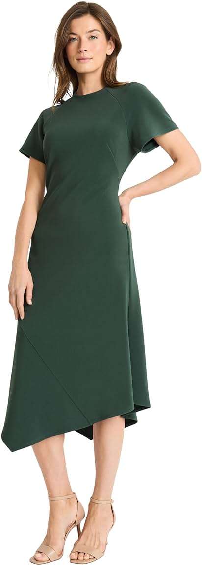 Maggy London Women's Elegant Midi Dress with Asymmetrical Hemline - Short Sleeve Fitted Bodice - Versatile Cocktail Dress - Image 2