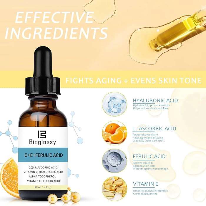 Bioglossy Vitamin CE Ferulic Acid Serum 20% Vitamin C Serum + Vitamin E & Hyaluronic Acid - Skin Moisturizer Face Dark Spot Corrector and Anti Aging 30ml / 1 fl.oz - Image 2