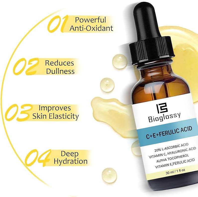 Bioglossy Vitamin CE Ferulic Acid Serum 20% Vitamin C Serum + Vitamin E & Hyaluronic Acid - Skin Moisturizer Face Dark Spot Corrector and Anti Aging 30ml / 1 fl.oz - Image 5