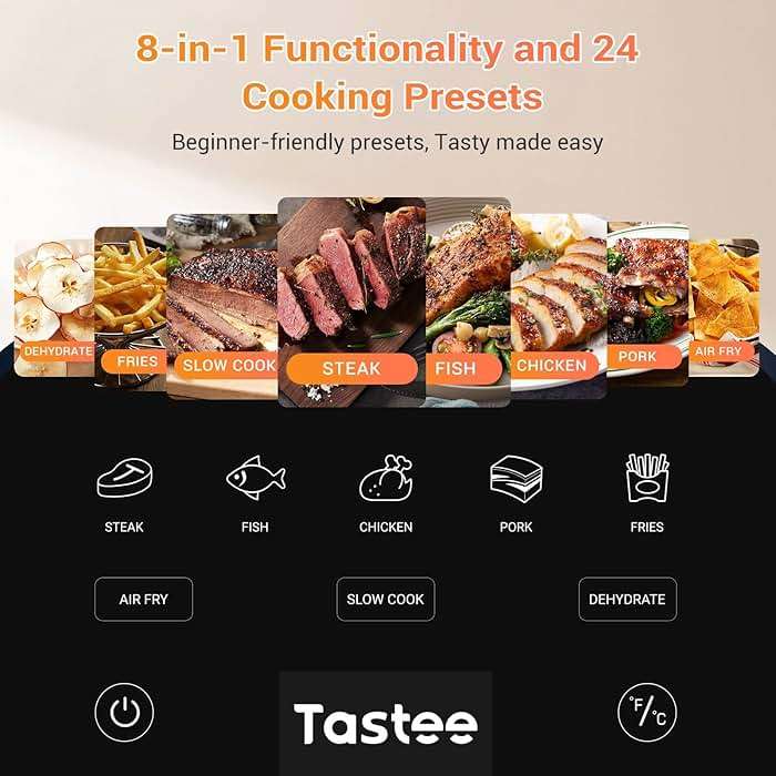 Tastee Ceramic Air Fryer, 8-in-1 Compact 5.5QT AirFryers, 450°F Digital Airfryer Dehydrator with Smart Probe, 24 Presets One-touch Cooking, In-app Recipes with Window, Dishwasher-safe & Non-stick - Image 6