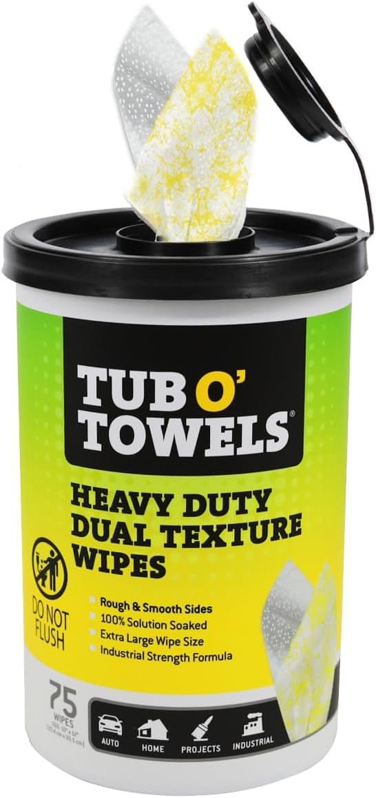 Tub O' Towels TW75 Heavy-Duty Multi-Surface Cleaning Wipes – Dual Texture 10" x 12" XL, 75 Count – Removes Grease, Tar, Oil, Paint, Ink & Tough Stains – Degreaser for Home, Garage, Auto & Workshop - Product Image