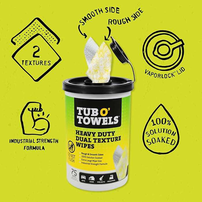 Tub O' Towels TW75 Heavy-Duty Multi-Surface Cleaning Wipes – Dual Texture 10" x 12" XL, 75 Count – Removes Grease, Tar, Oil, Paint, Ink & Tough Stains – Degreaser for Home, Garage, Auto & Workshop - Image 2