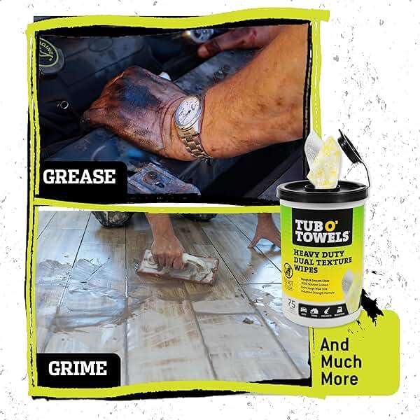 Tub O' Towels TW75 Heavy-Duty Multi-Surface Cleaning Wipes – Dual Texture 10" x 12" XL, 75 Count – Removes Grease, Tar, Oil, Paint, Ink & Tough Stains – Degreaser for Home, Garage, Auto & Workshop - Image 6