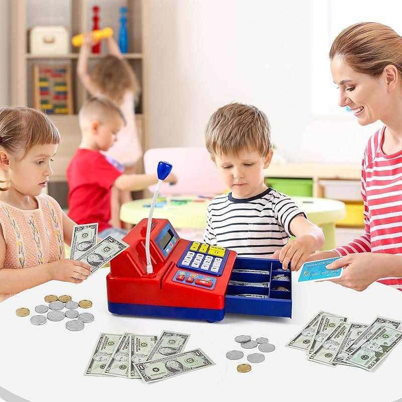 Calculator Cash Register - 103 Pcs Toy Cash Register, Microphone, Credit Card and Banking for Kids, Early Math Skills Toys Gifts for 3, 4, 5, 6 7 8+ Years Old Boys Girls - Image 2
