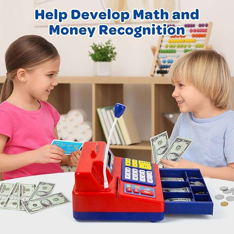 Calculator Cash Register - 103 Pcs Toy Cash Register, Microphone, Credit Card and Banking for Kids, Early Math Skills Toys Gifts for 3, 4, 5, 6 7 8+ Years Old Boys Girls - Image 6