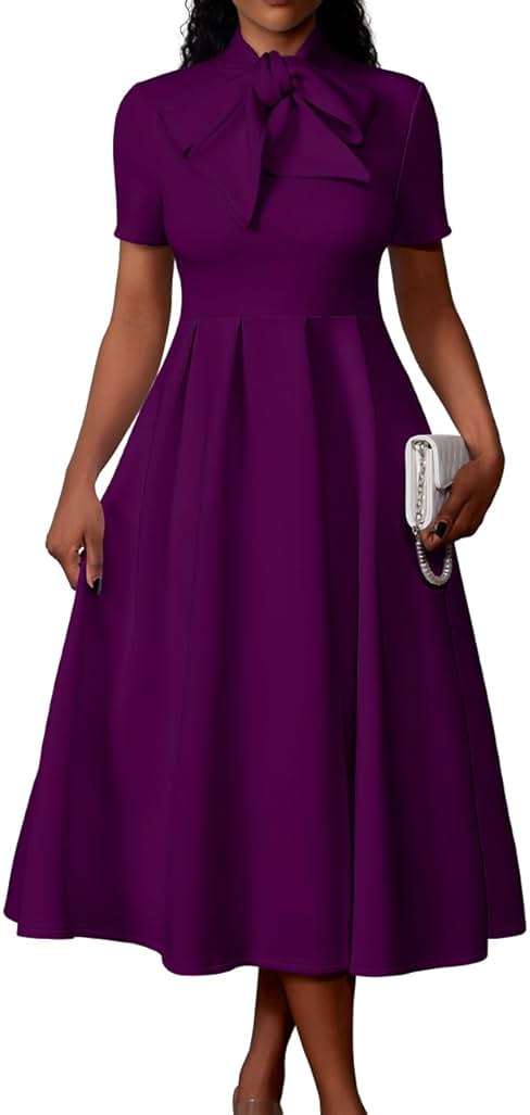 Memoriesea Women's Elegant Casual Short Sleeve Work Party A-Line Dress with Pockets - Image 1
