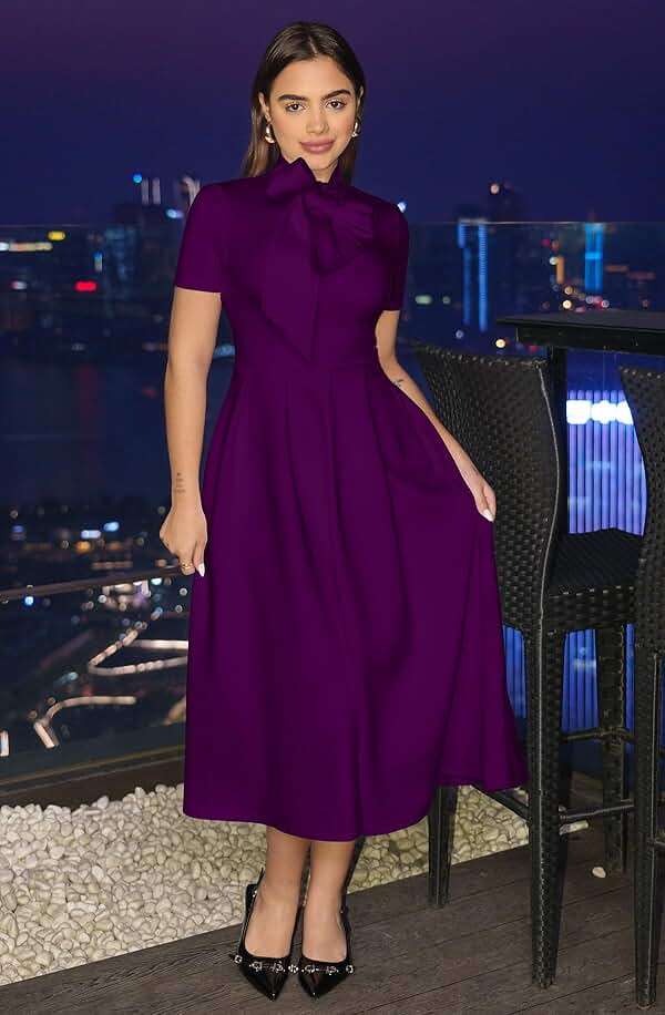 Memoriesea Women's Elegant Casual Short Sleeve Work Party A-Line Dress with Pockets - Image 3