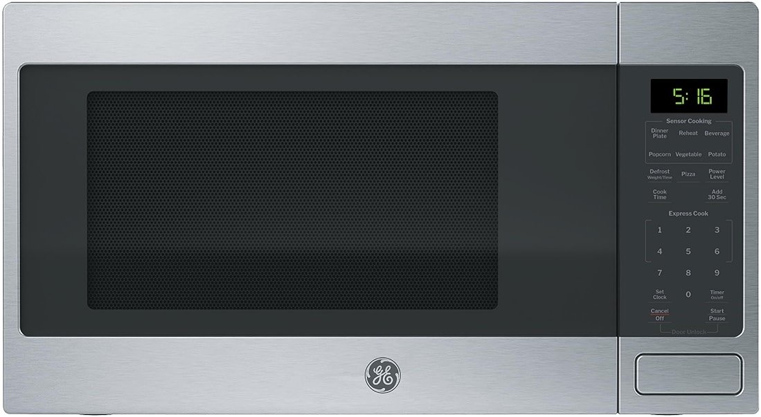 GE Countertop Microwave Oven, 1,150-watt Capacity, 1.6 Cubic Ft., 8 Auto Setting Cooking Settings, Child-Lock Technology, Kitchen Essentials for the Countertop, Dorm Room or Apartment, Stainless Steel - Product Image