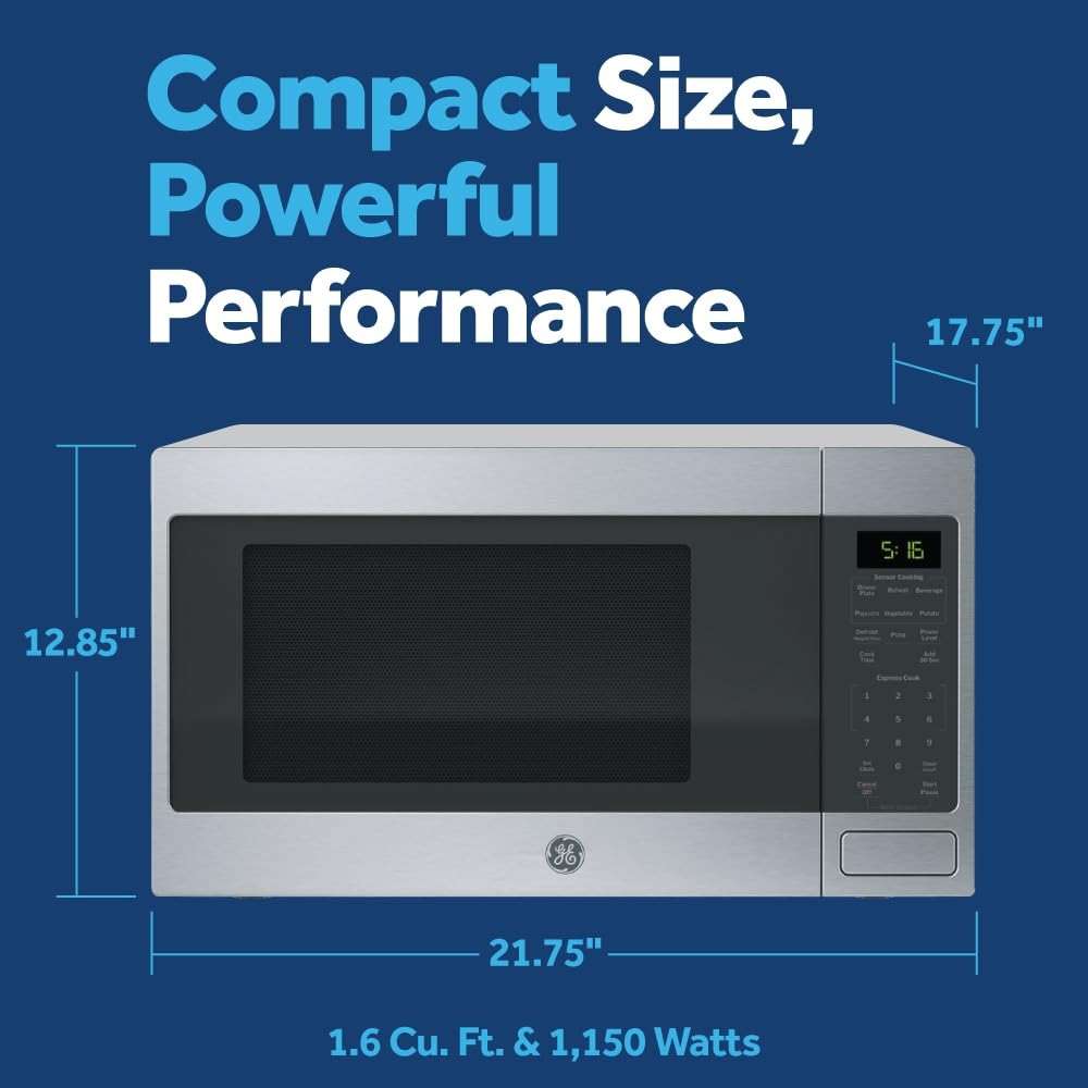 GE Countertop Microwave Oven, 1,150-watt Capacity, 1.6 Cubic Ft., 8 Auto Setting Cooking Settings, Child-Lock Technology, Kitchen Essentials for the Countertop, Dorm Room or Apartment, Stainless Steel - Image 2