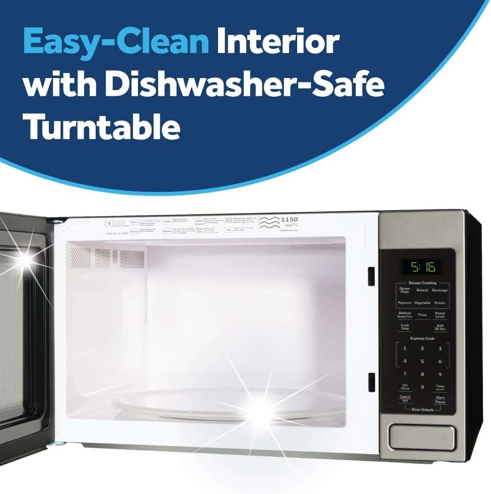GE Countertop Microwave Oven, 1,150-watt Capacity, 1.6 Cubic Ft., 8 Auto Setting Cooking Settings, Child-Lock Technology, Kitchen Essentials for the Countertop, Dorm Room or Apartment, Stainless Steel - Image 6