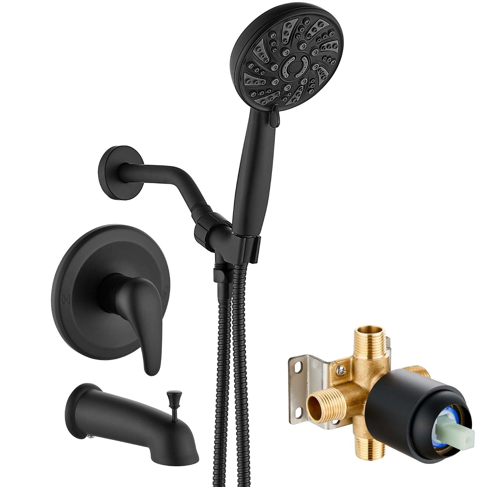 gotonovo Bathroom Shower Head Kit High Pressure Combo System Shower Faucet 6 Modes ABS Handheld Spray Shower Trim Kit Valve Included Shower Head and Handle Set Matte Black - Image 1