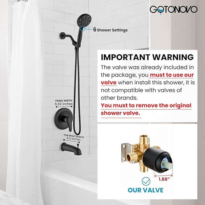 gotonovo Bathroom Shower Head Kit High Pressure Combo System Shower Faucet 6 Modes ABS Handheld Spray Shower Trim Kit Valve Included Shower Head and Handle Set Matte Black - Image 2