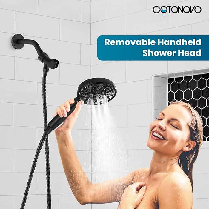 gotonovo Bathroom Shower Head Kit High Pressure Combo System Shower Faucet 6 Modes ABS Handheld Spray Shower Trim Kit Valve Included Shower Head and Handle Set Matte Black - Image 5