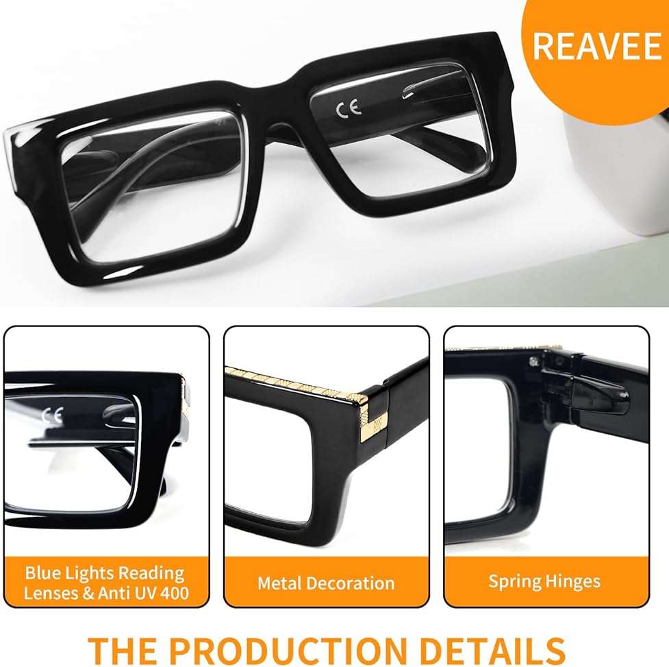 REAVEE 3 Pack Reading Glasses for Women Men, Blue Light Blocking Readers Stylish Square with Spring Hinge - Image 4