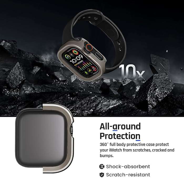 SDOCEBF 2 in 1 Metal Rugged Case for Apple Watch Ultra 3/2/1 Case 49mm, Aluminum Shockproof Protective Bumper with TPU Back Cover, Raised Edge Screen Protection, Titanium Original - Image 4