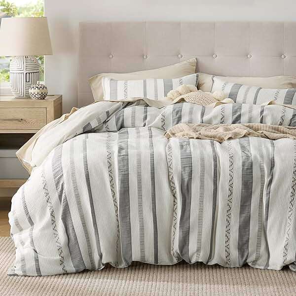 Bedsure Waffle Queen Comforter Set - Ivory Cotton Bedding Set for All Seasons, Stripe Fluffy Bed Set 3 Pieces with 1 Waffle Weave Comforter Queen Size and 2 Pillow Shams - Image 1