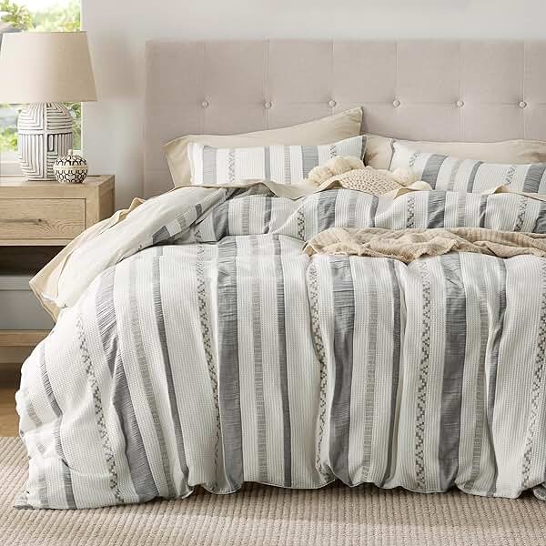 Bedsure Waffle Queen Comforter Set - Ivory Cotton Bedding Set for All Seasons, Stripe Fluffy Bed Set 3 Pieces with 1 Waffle Weave Comforter Queen Size and 2 Pillow Shams - Product Image
