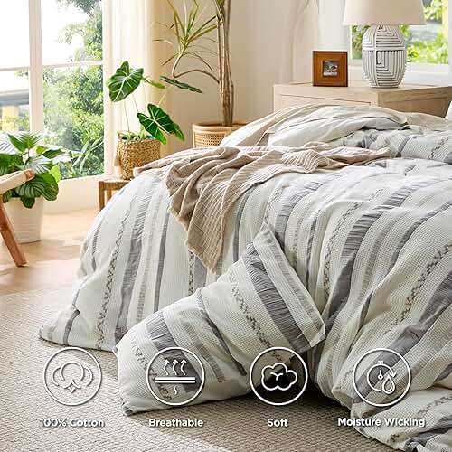 Bedsure Waffle Queen Comforter Set - Ivory Cotton Bedding Set for All Seasons, Stripe Fluffy Bed Set 3 Pieces with 1 Waffle Weave Comforter Queen Size and 2 Pillow Shams - Image 2