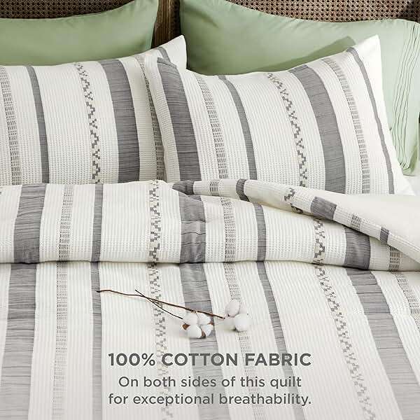 Bedsure Waffle Queen Comforter Set - Ivory Cotton Bedding Set for All Seasons, Stripe Fluffy Bed Set 3 Pieces with 1 Waffle Weave Comforter Queen Size and 2 Pillow Shams - Image 3
