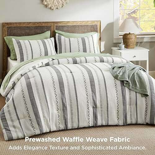 Bedsure Waffle Queen Comforter Set - Ivory Cotton Bedding Set for All Seasons, Stripe Fluffy Bed Set 3 Pieces with 1 Waffle Weave Comforter Queen Size and 2 Pillow Shams - Image 4