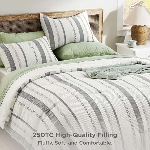 Bedsure Waffle Queen Comforter Set - Ivory Cotton Bedding Set for All Seasons, Stripe Fluffy Bed Set 3 Pieces with 1 Waffle Weave Comforter Queen Size and 2 Pillow Shams - Image 5