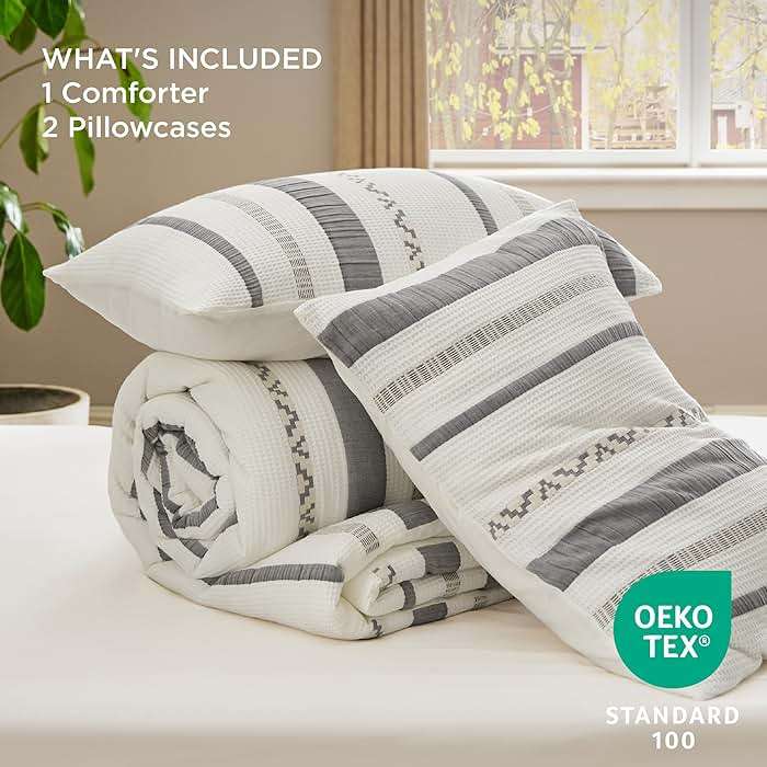 Bedsure Waffle Queen Comforter Set - Ivory Cotton Bedding Set for All Seasons, Stripe Fluffy Bed Set 3 Pieces with 1 Waffle Weave Comforter Queen Size and 2 Pillow Shams - Image 6