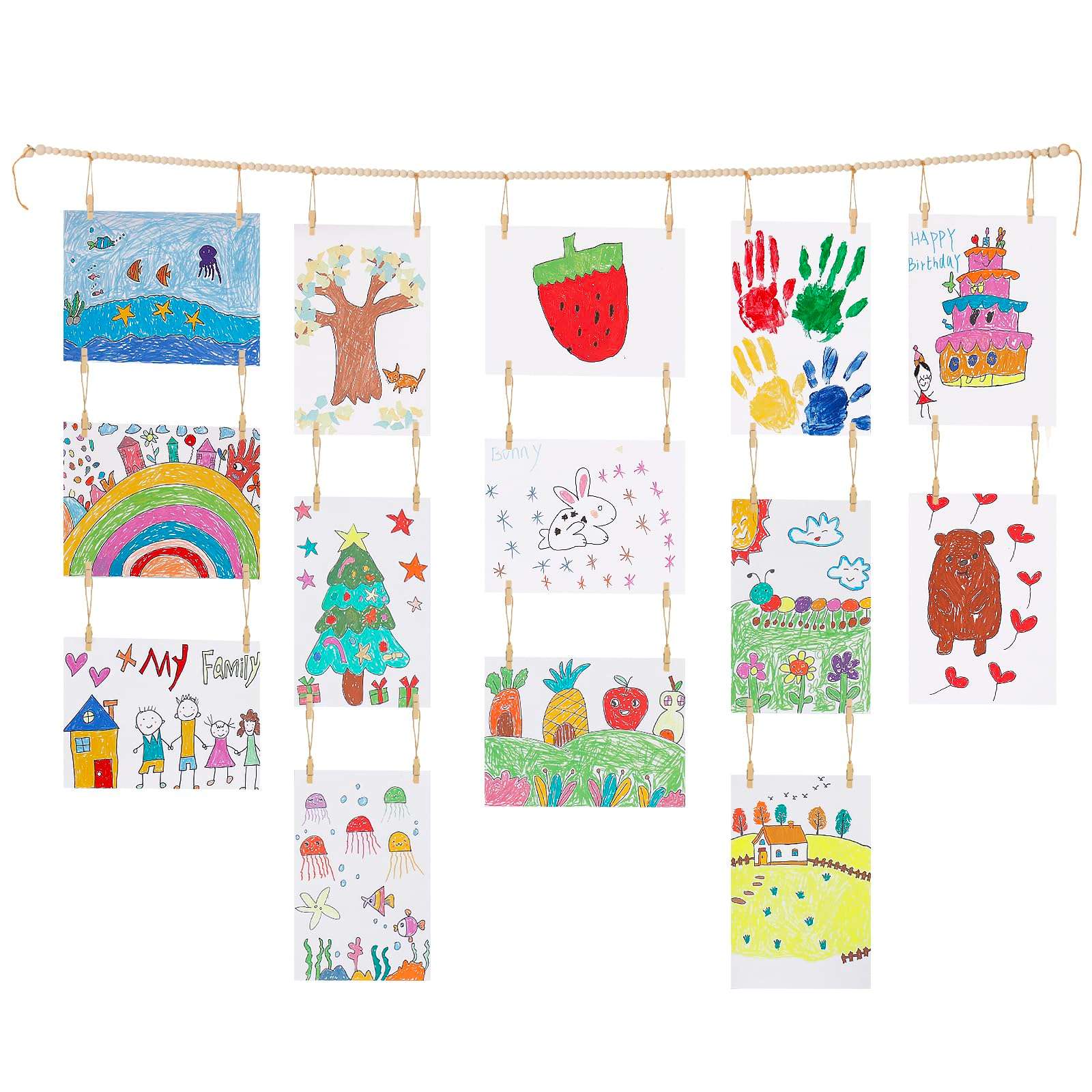 KLOGTSIND Kids Art Display Wall Decor, Wooden Beads Garland Frame Holder with 34 Clips for kids artwork, Photo, Wall Hanging Boho Room Bedroom Decor - Image 1