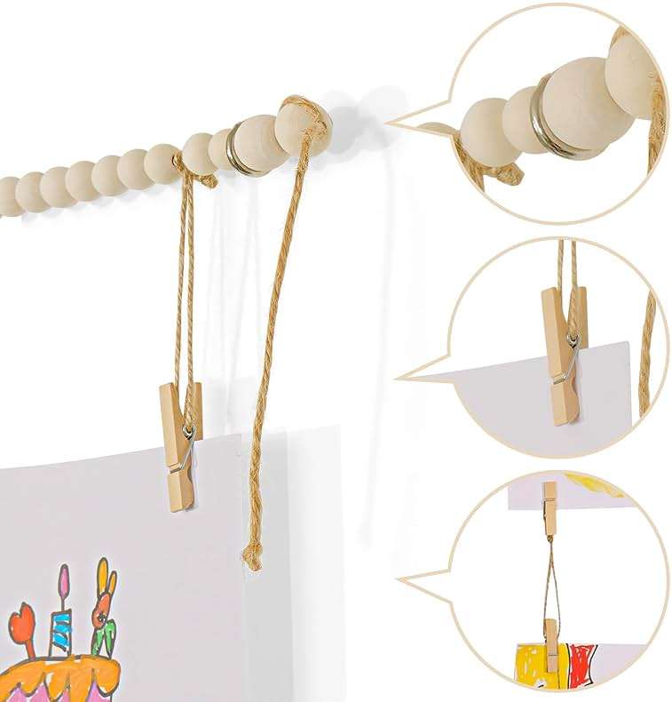 KLOGTSIND Kids Art Display Wall Decor, Wooden Beads Garland Frame Holder with 34 Clips for kids artwork, Photo, Wall Hanging Boho Room Bedroom Decor - Image 3
